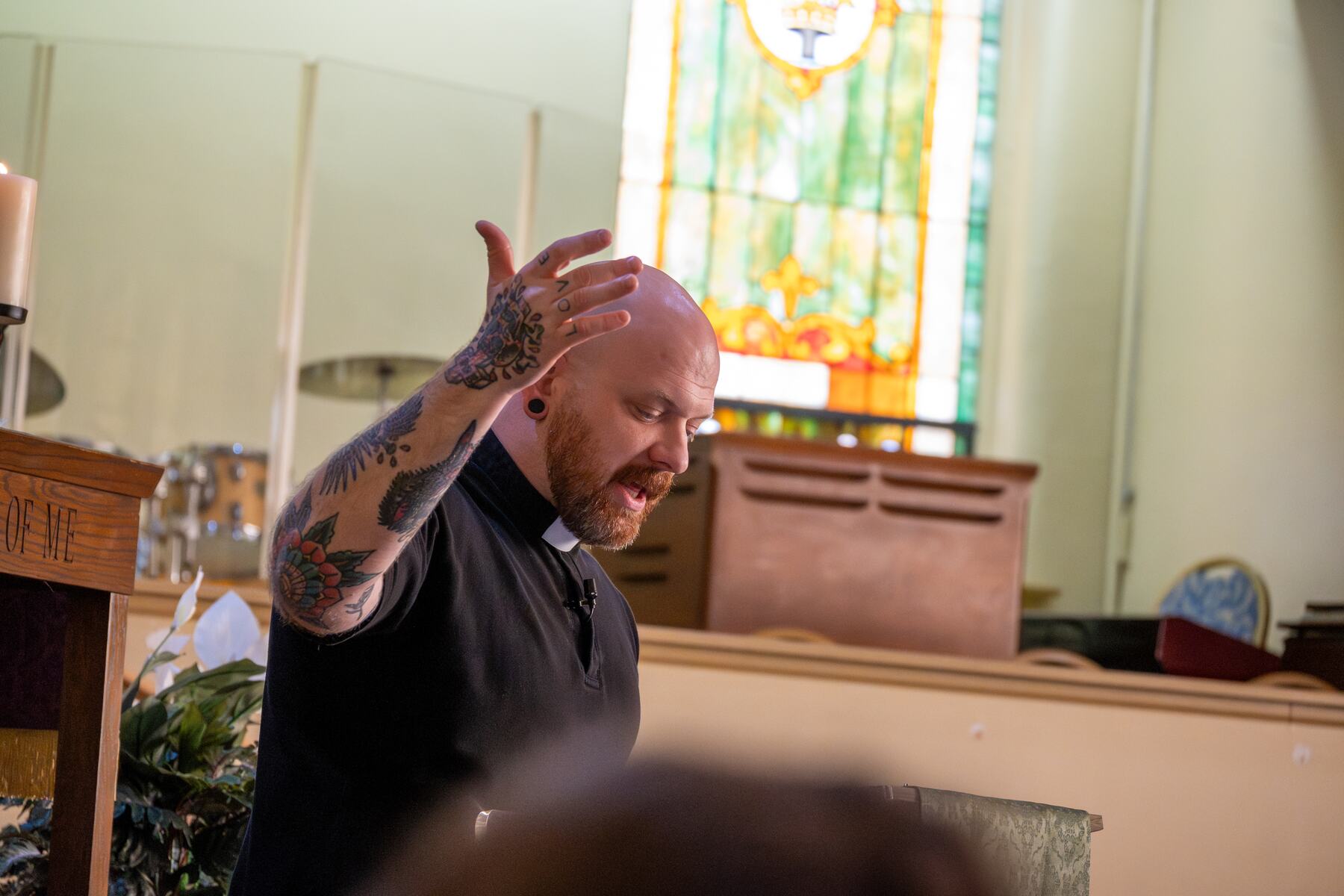 Michael Previtera preaching during a Sunday service.